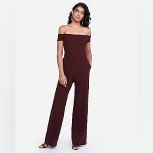 New w/ tags. XS Express Off The Shoulder Wide Leg Jumpsuit. Wine/Burgundy color